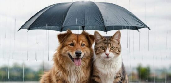A dog and a cat sit under a black umbrella in the rain
